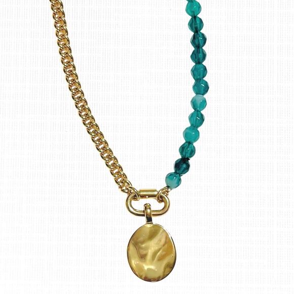 J. Crew Jewelry - J Crew Half Beaded Chain Necklace Coin Pendant Green Gold Tone Oval Dangle